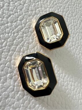 Vintage Trifari Pierced Earrings Gold Tone Black Enamel Octagonal Clear Rhinesto